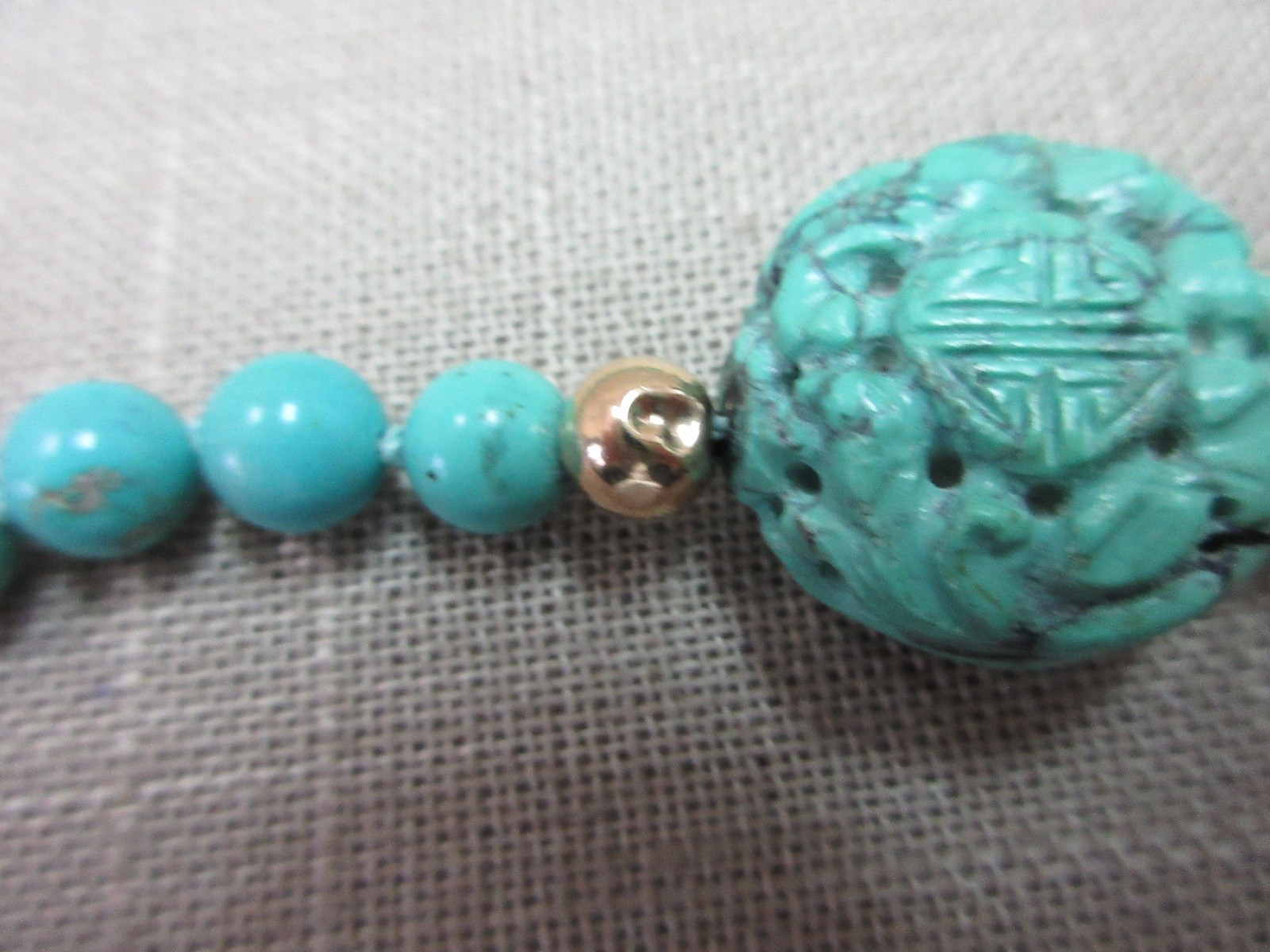 Vtg 14K Fishhook Clasp Turquoise Beads & Carved “Shou” Bead Necklace 18″ 39.7 G
