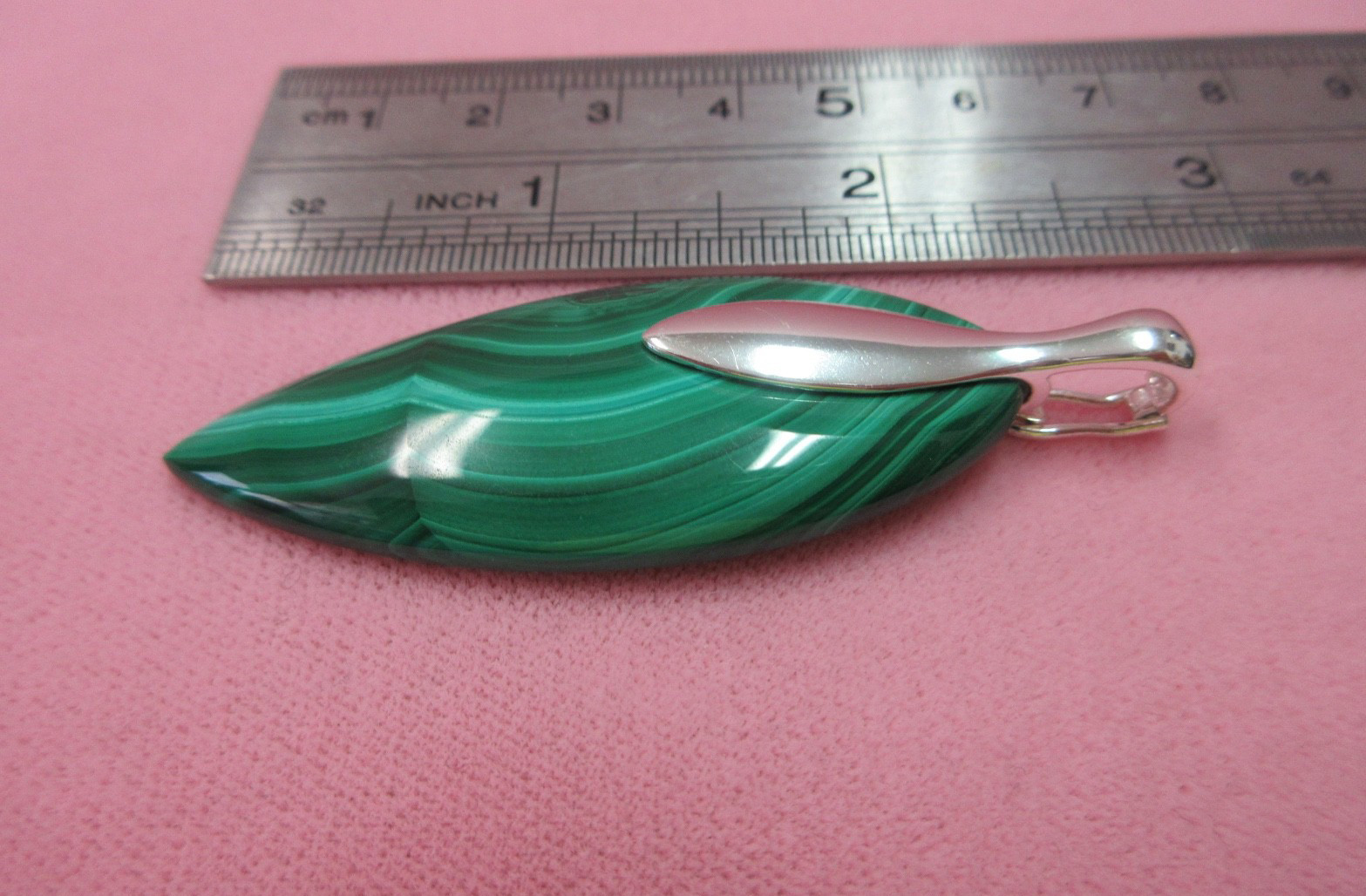 Large GSJ 925 Sterling Silver Malachite Pendant with Openable Bail 16.85 Grams