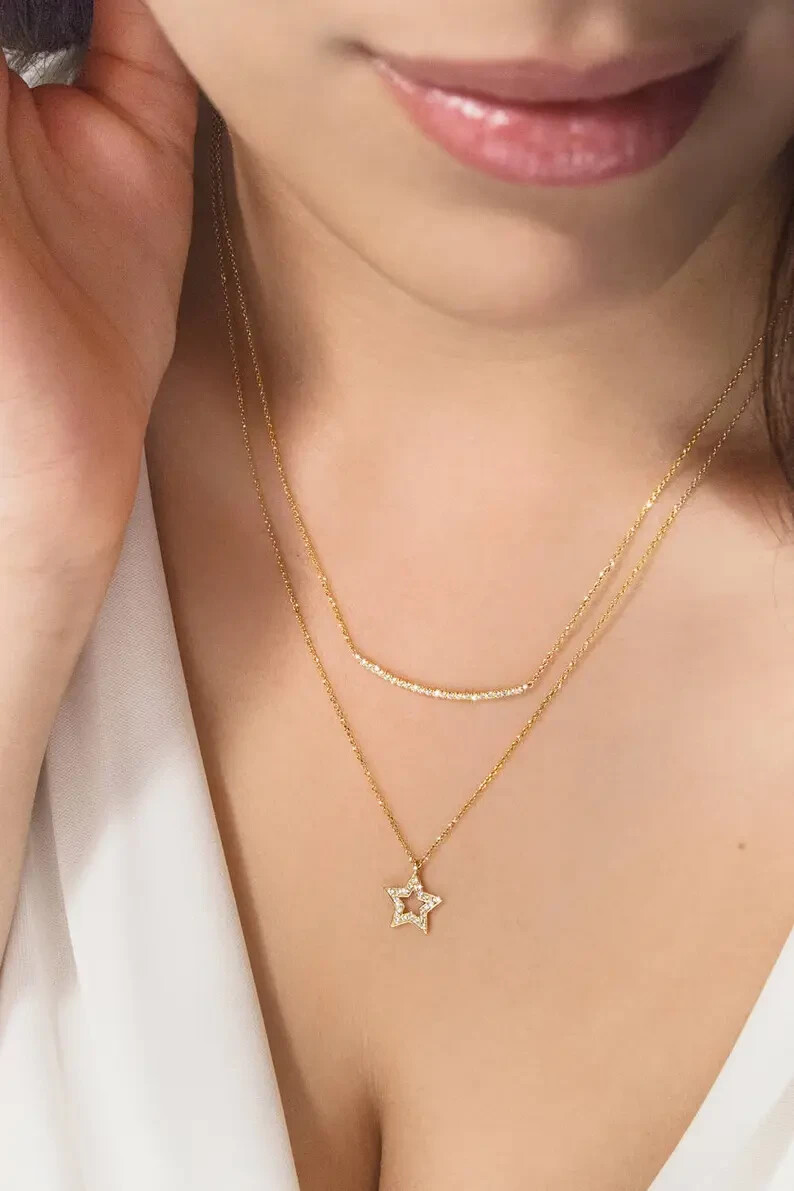 18″ Star Pendant For Girlfriend Gift 0.20CT Round Natural Diamond 14k Gold