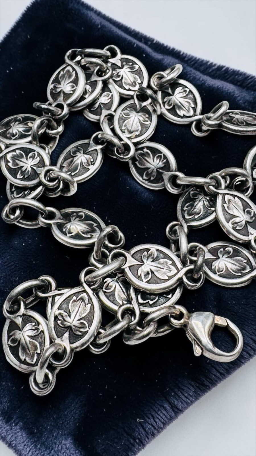 Vintage Sterling Silver 925 Leaf Motif Chain Link Necklace Heavy Beautiful