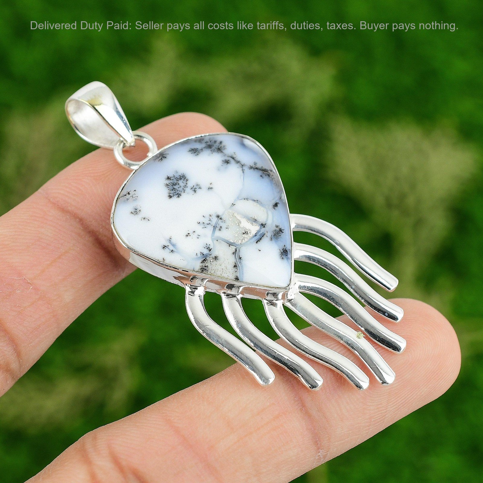 Dendrite Opal Gemstone Anniversary Birthday Bezel Sister Pendant Sterling Silver
