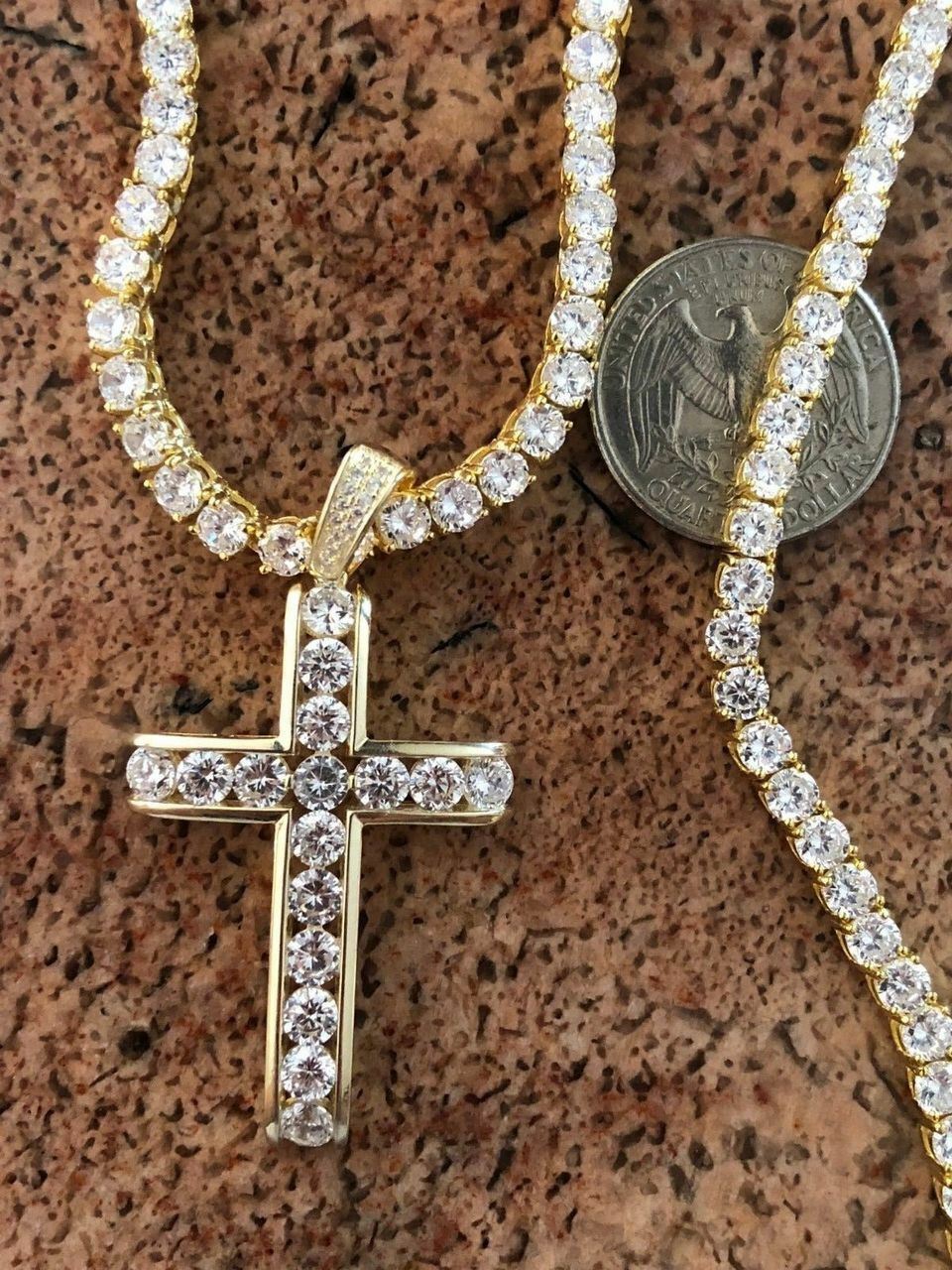 14k Gold Plated Real Solid 925 Silver Channel Set Cross CZ W. Chain Men’s ICY