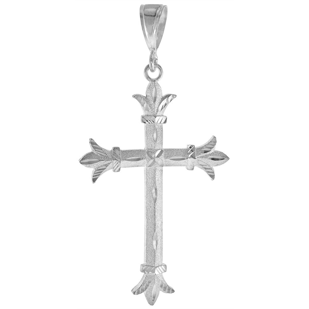 925 Sterling Silver Diamond Cut Fleury Cross Pendant 3 1/2 Inch (88mm) Tall