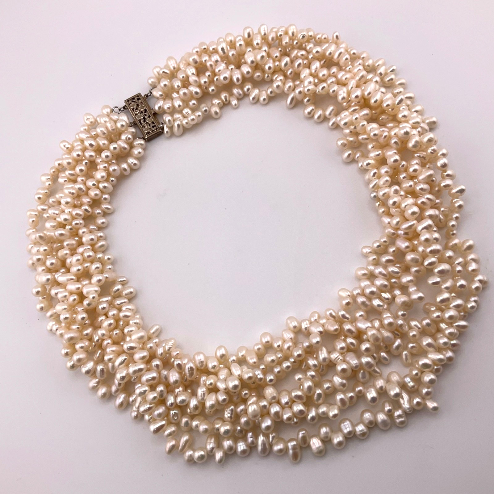 Vtg Freshwater Pearl Multi Strand Necklace 925 Gold Vermeil Filigree Clasp 18.5”
