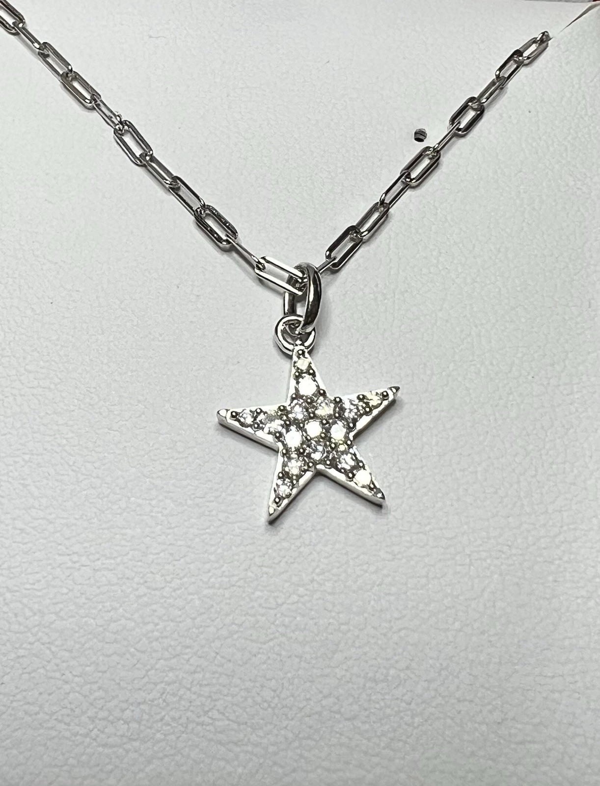 White Gold Over 925 silver 0.30 CTW Diamond Pavé Star Pendant Paperclip Necklace