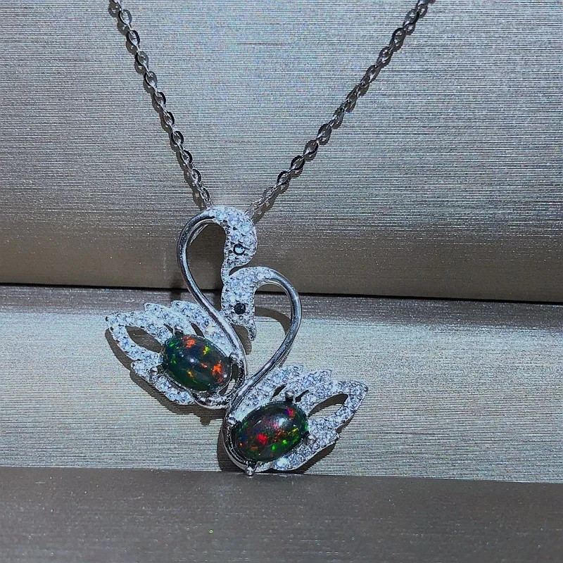 Fire Opal Swan Pendant 5x7mm, Black Opal Pendant Necklace,