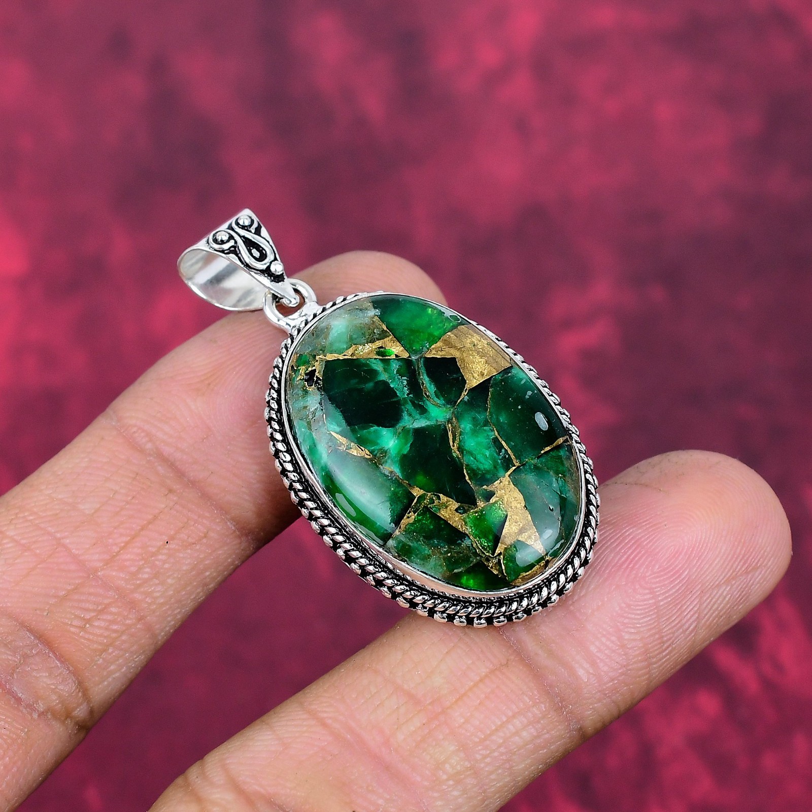 Green Copper Turquoise Gemstone Handmade 925 Sterling Silver Pendant Jewelry