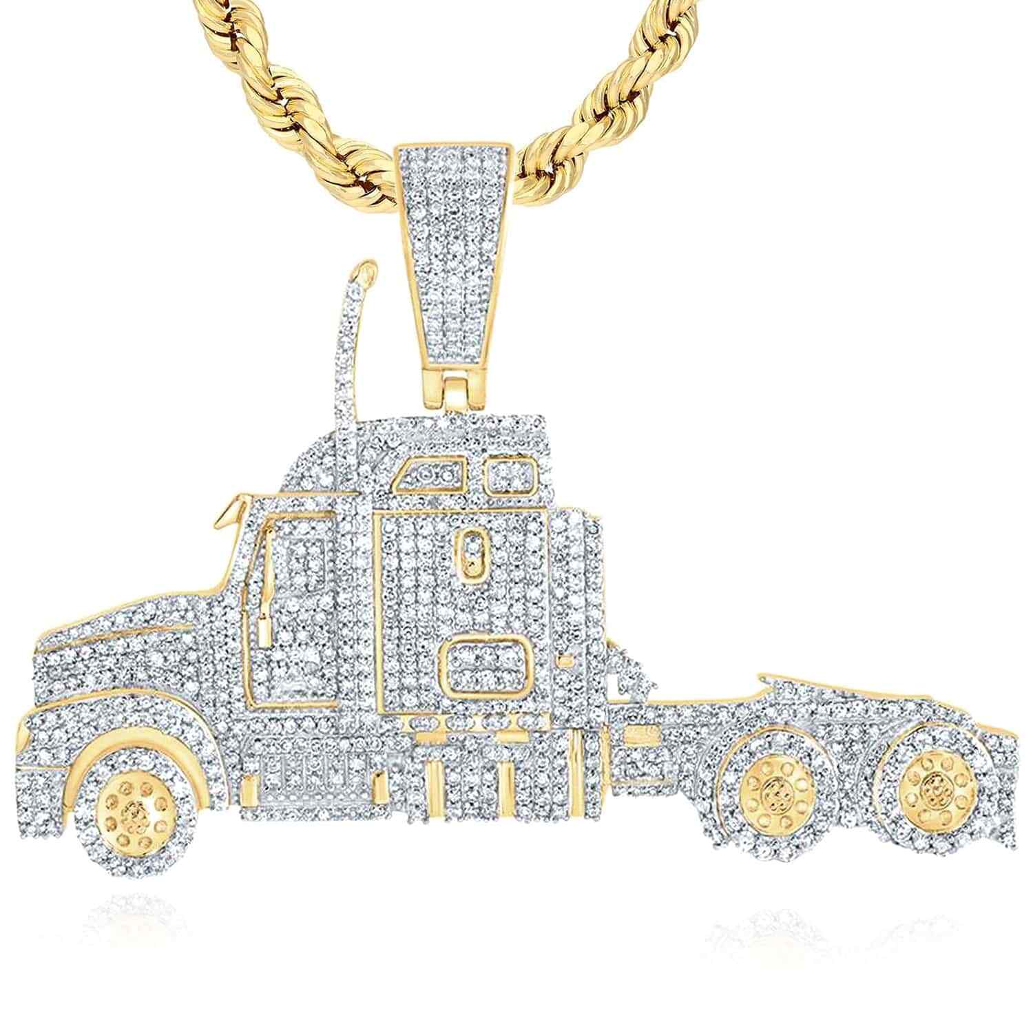 2.50CTW Real Diamond 10K Yellow Gold Semi Trailer Truck Pendant 2.5″