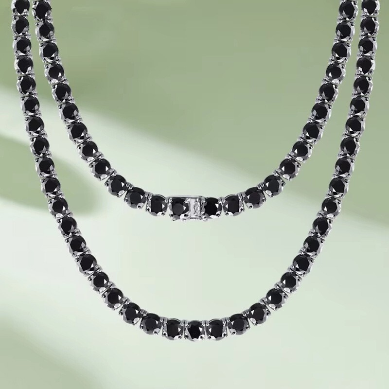 1ct Black Moissanite Men’s Tennis Necklace Women Hip Hop 18k White Gold Plated