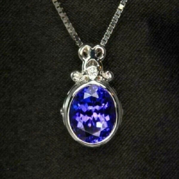 2Ct Oval Tanzanite Solitaire Bezel Set Pendant 14K White Gold Finish