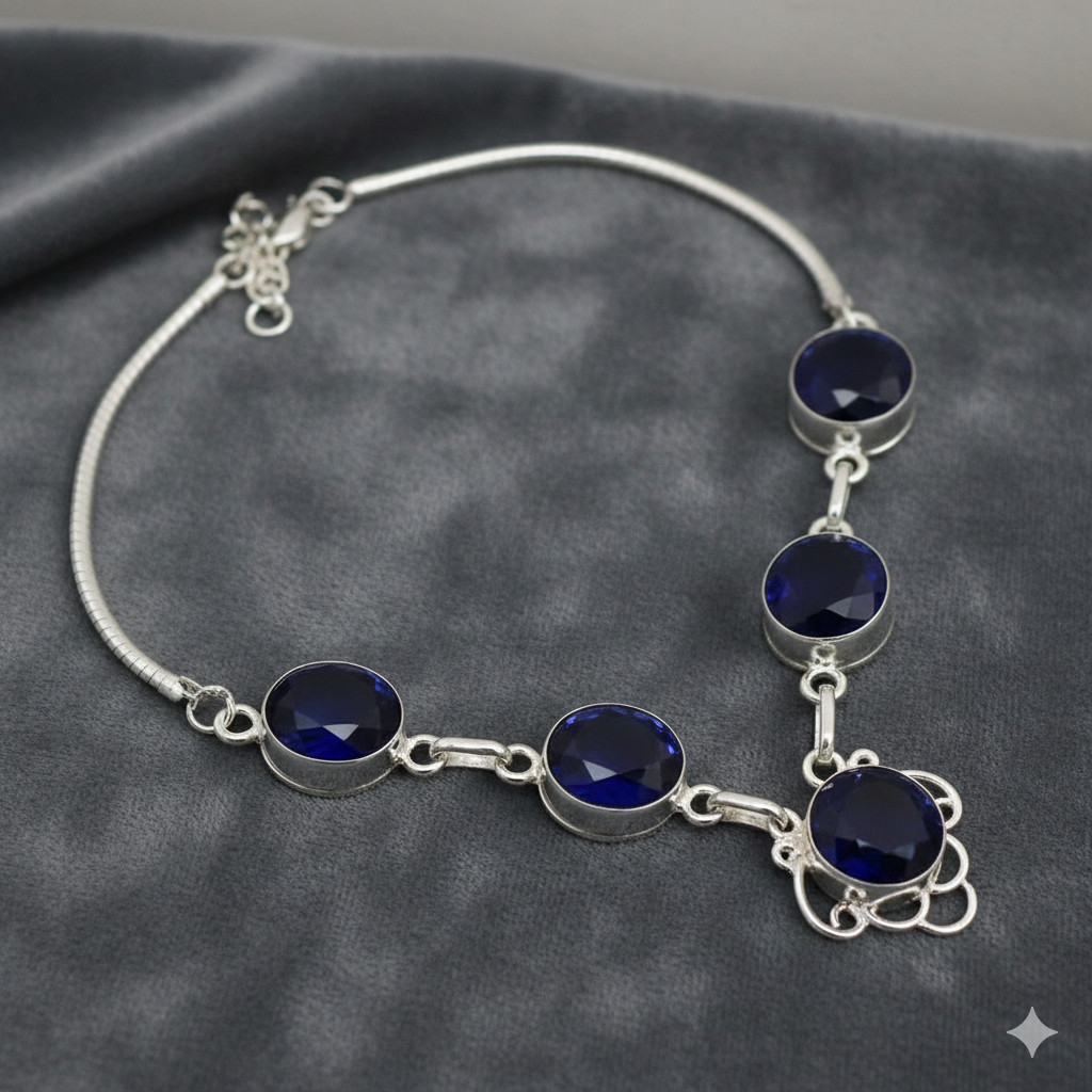Nice Sapphire Gemstone Chain Necklace 925 Sterling Silver Indian
