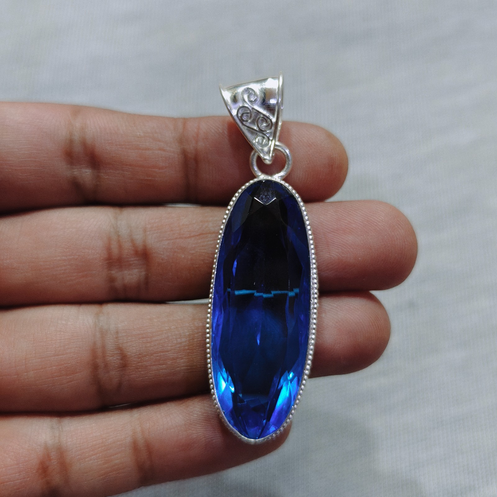 Natural Blue Tanzanite Quartz Pendant 925 Sterling Silver Handmade Gemstone Jewe