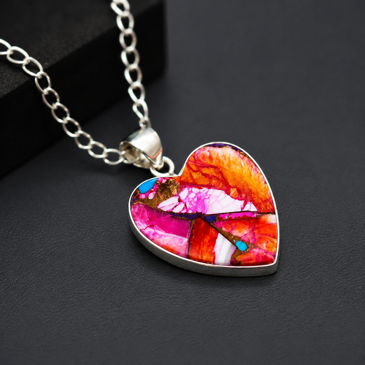 Spiny Oyster Turquoise Heart Pendant Necklace 925 Sterling Silver Free Chain