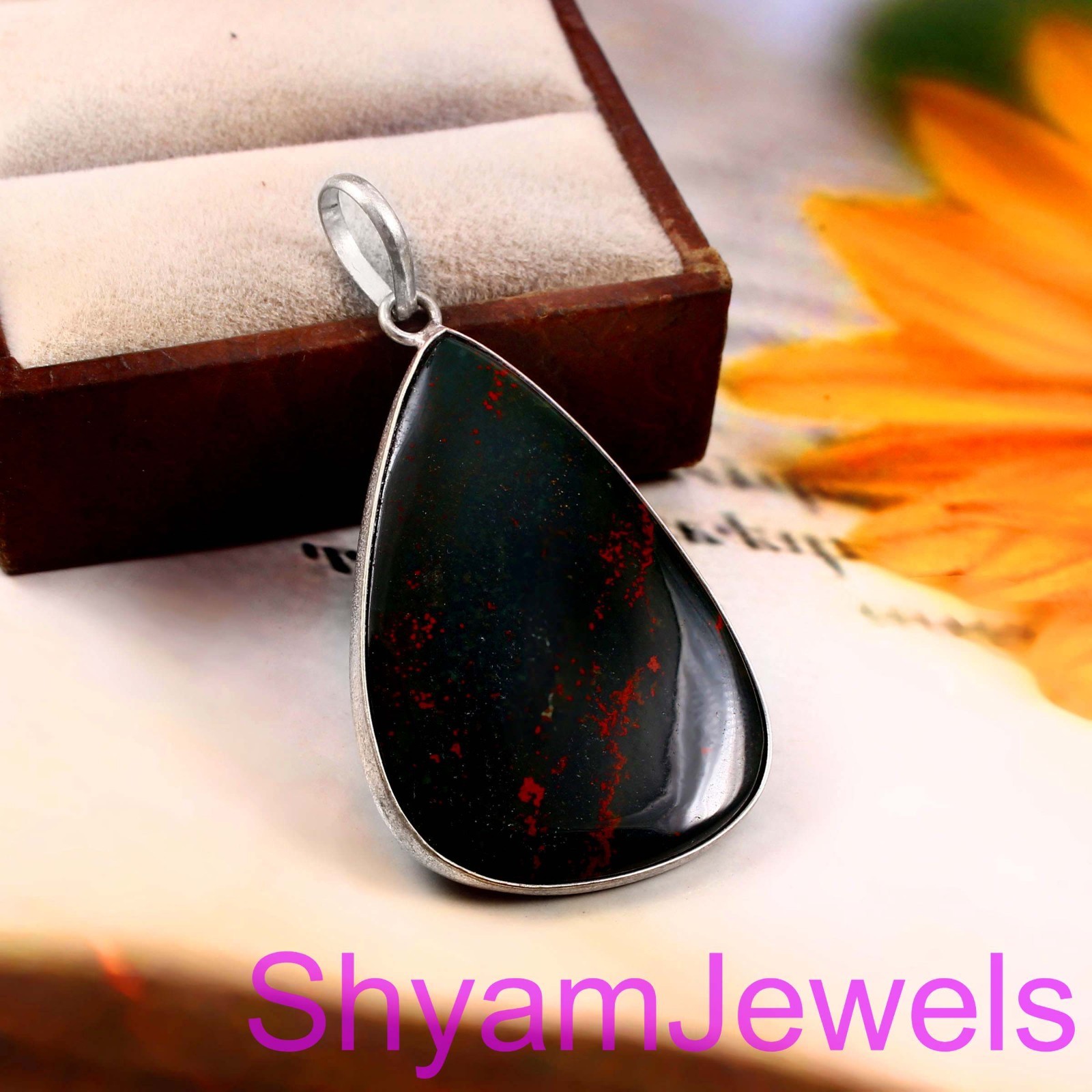 Sterling Silver Natural Trillion Bloodstone Gemstone Bezel Pendant With Chain