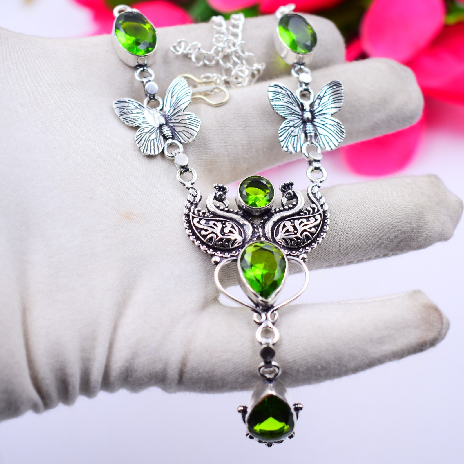 Green Peridot Gemstone Handmade 925 Sterling Silver Jewelry Necklace Sz-17-18″