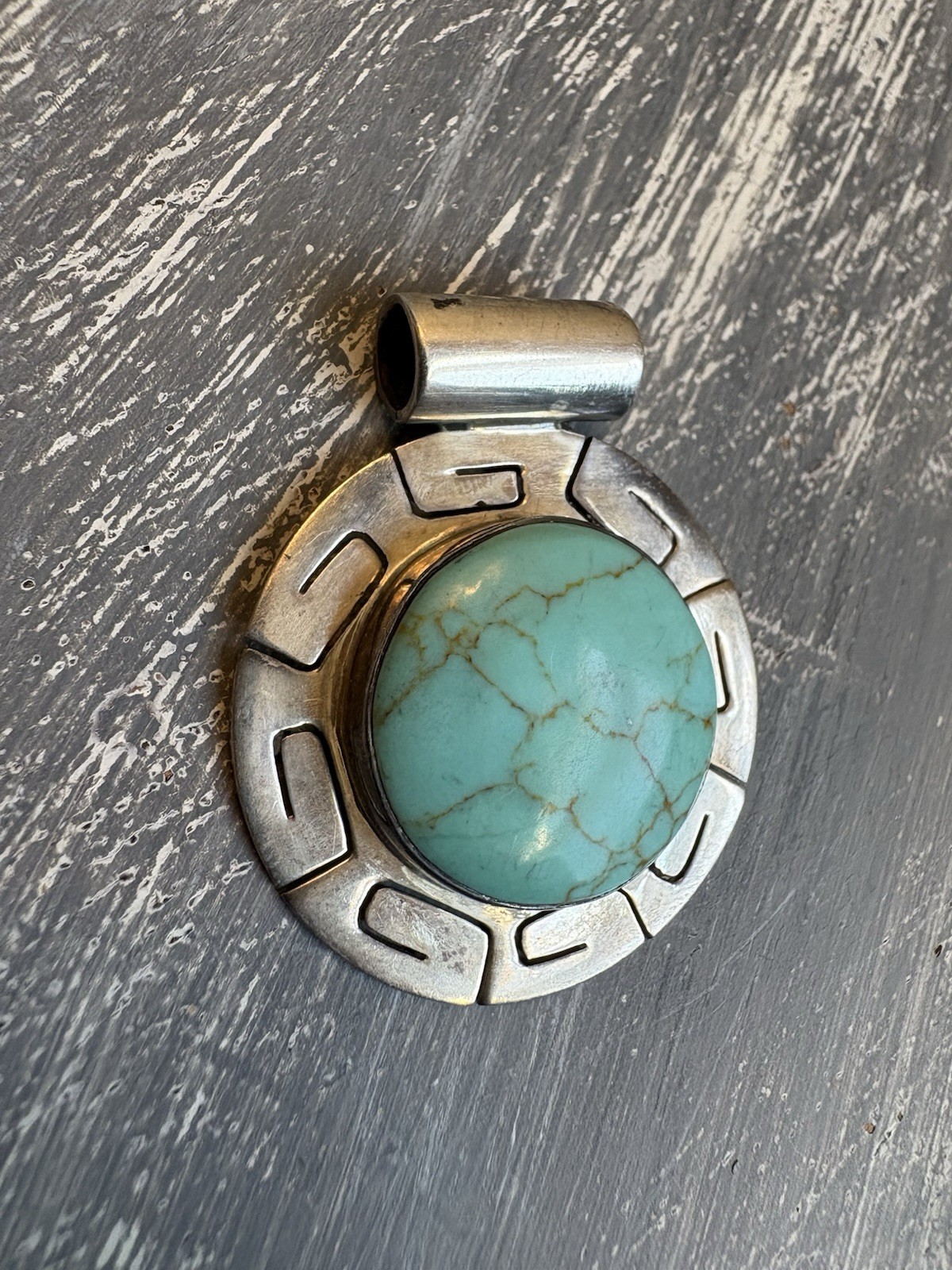 Signed 925 Sterling Silver Round Blue Turquoise color Bezel Set Pendant