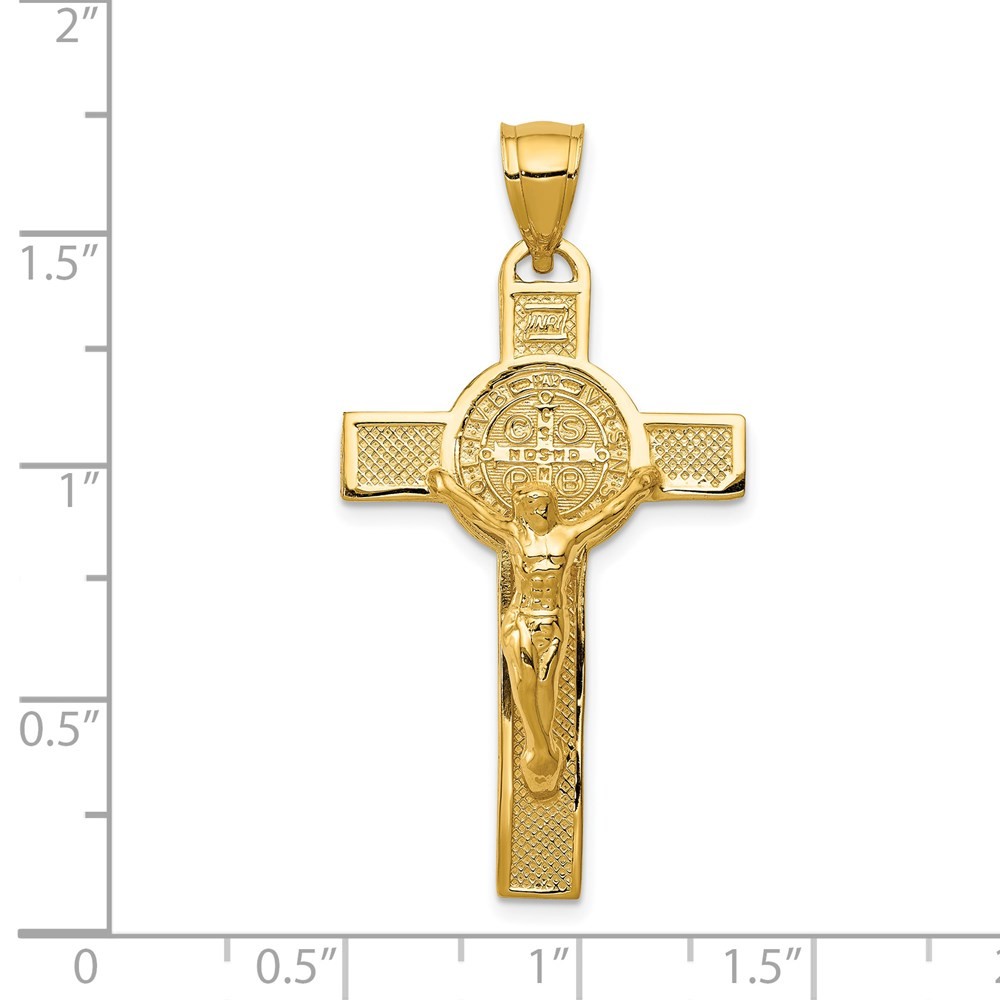 14K Gold Polished San Benito Solid 2-Sided Crucifix Pendant; Length 42.75 mm