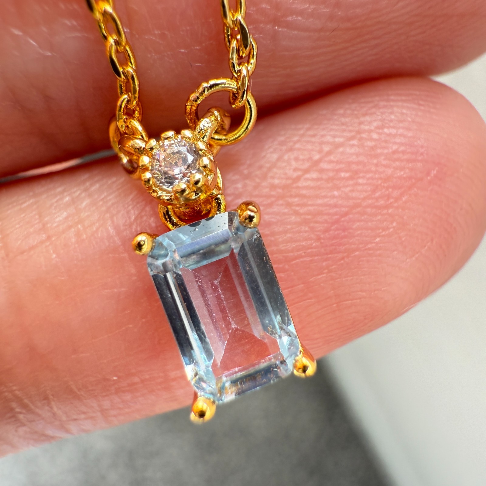 925 Sterling Silver Necklace 6x4mm Natural Blue Aquamarine 14K Gold Plated Chain