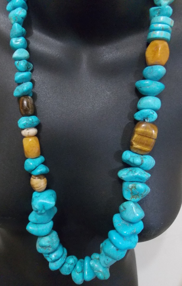 AIL STERLING SILVER TURQUOISE NUGGET NECKLACE 30″ SEMI PRECIOUS STONES