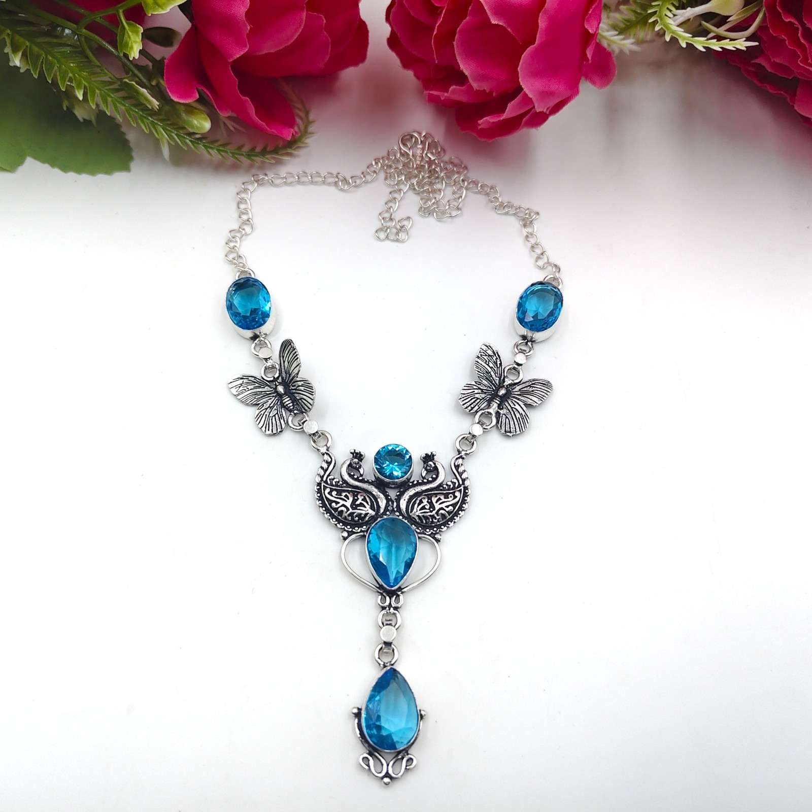 Blue Topaz Gemstone Handmade 925 Sterling Silver Jewelry Necklace Sz-17-18″