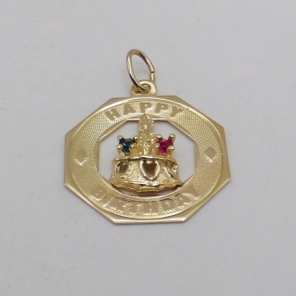 Solid 14k Gold Happy Birthday Cake Candle Natural Sapphire Ruby Charm Pendant