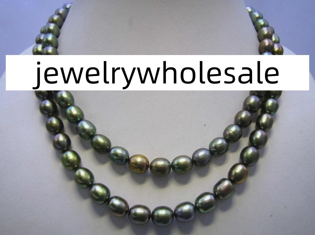 7-9 MM AAA SOUTH SEA Black green PEARL NECKLACE 14K GOLD CLASP 35″