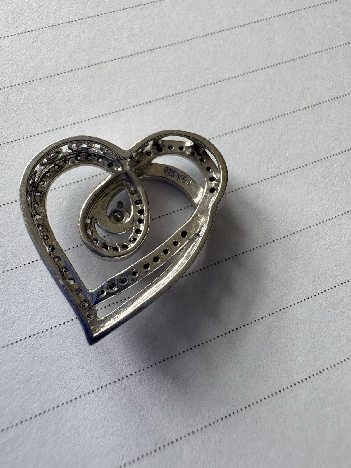 KSJ 925 Sterling Silver Black & White Diamond Open Heart Pendant Large 1.1”