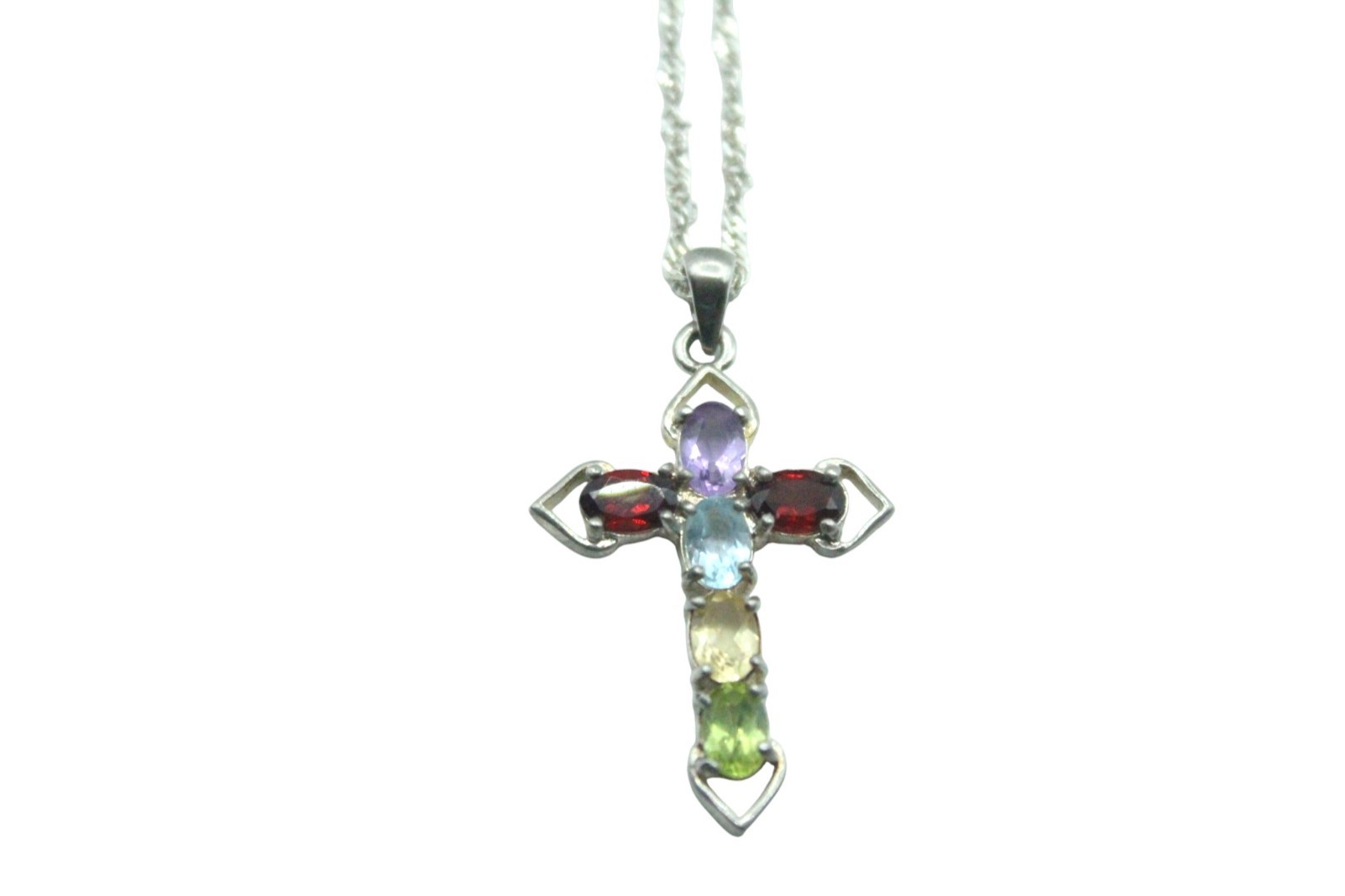 Sterling Silver 925 Multi Gemstone Cross Pendant Necklace Signed NM Religious