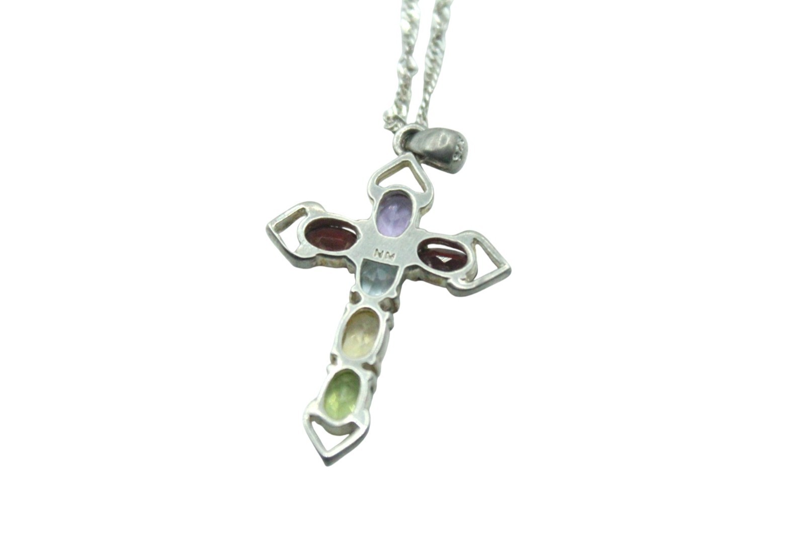 Sterling Silver 925 Multi Gemstone Cross Pendant Necklace Signed NM Religious