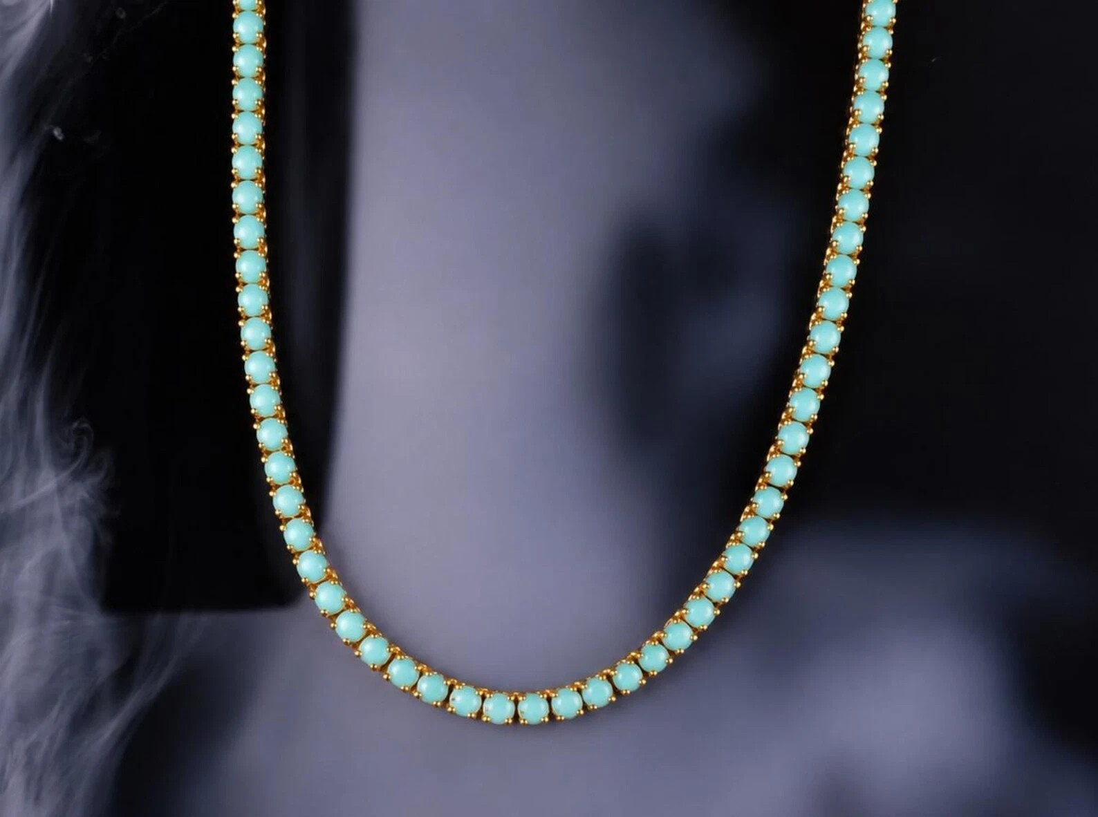 Round Cut Blue Turquoise Tennis Necklace 18in 14k Yellow Gold Plated