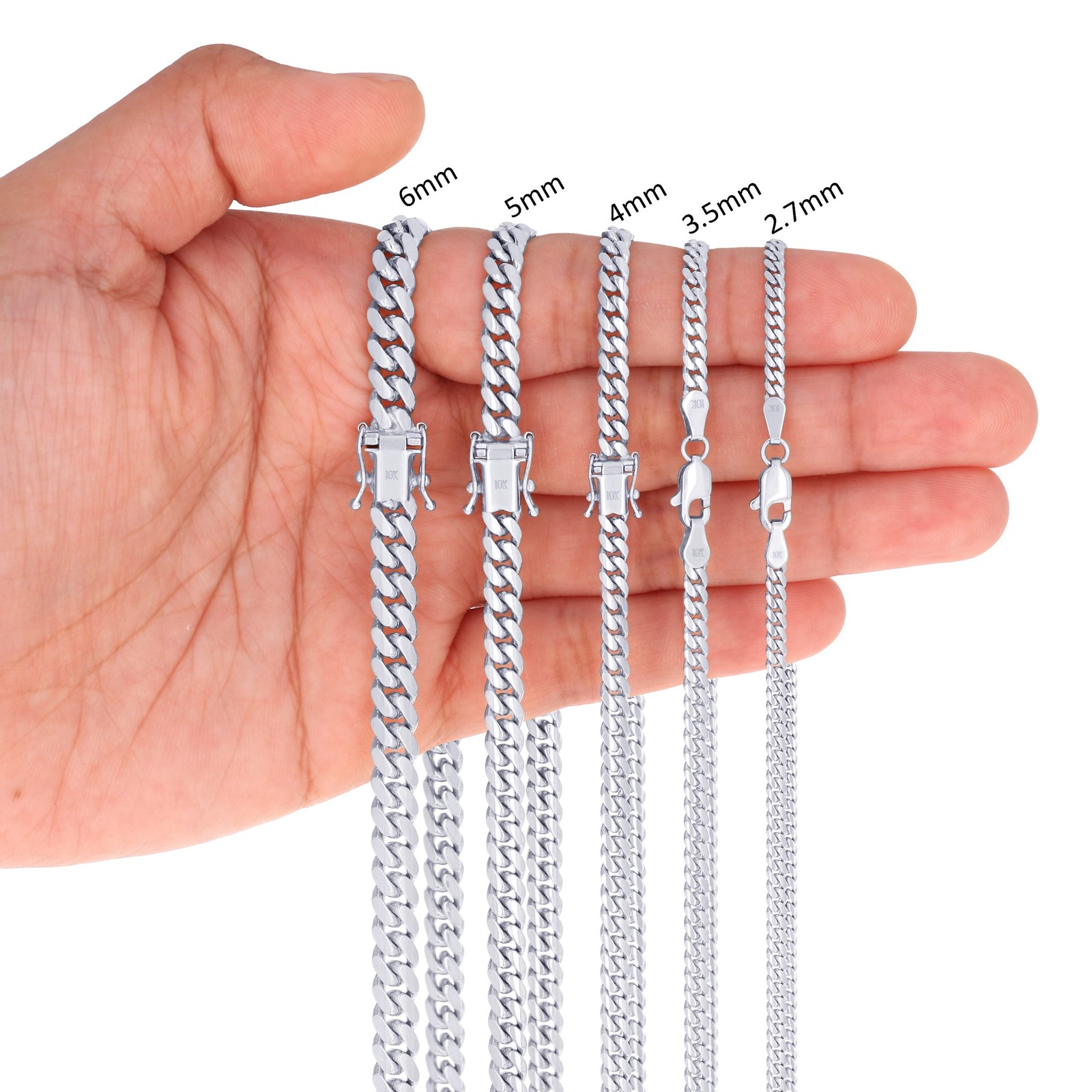 10K White Gold Solid 2.7mm-7mm Miami Cuban Chain Necklace Mens Womens 16″- 30″