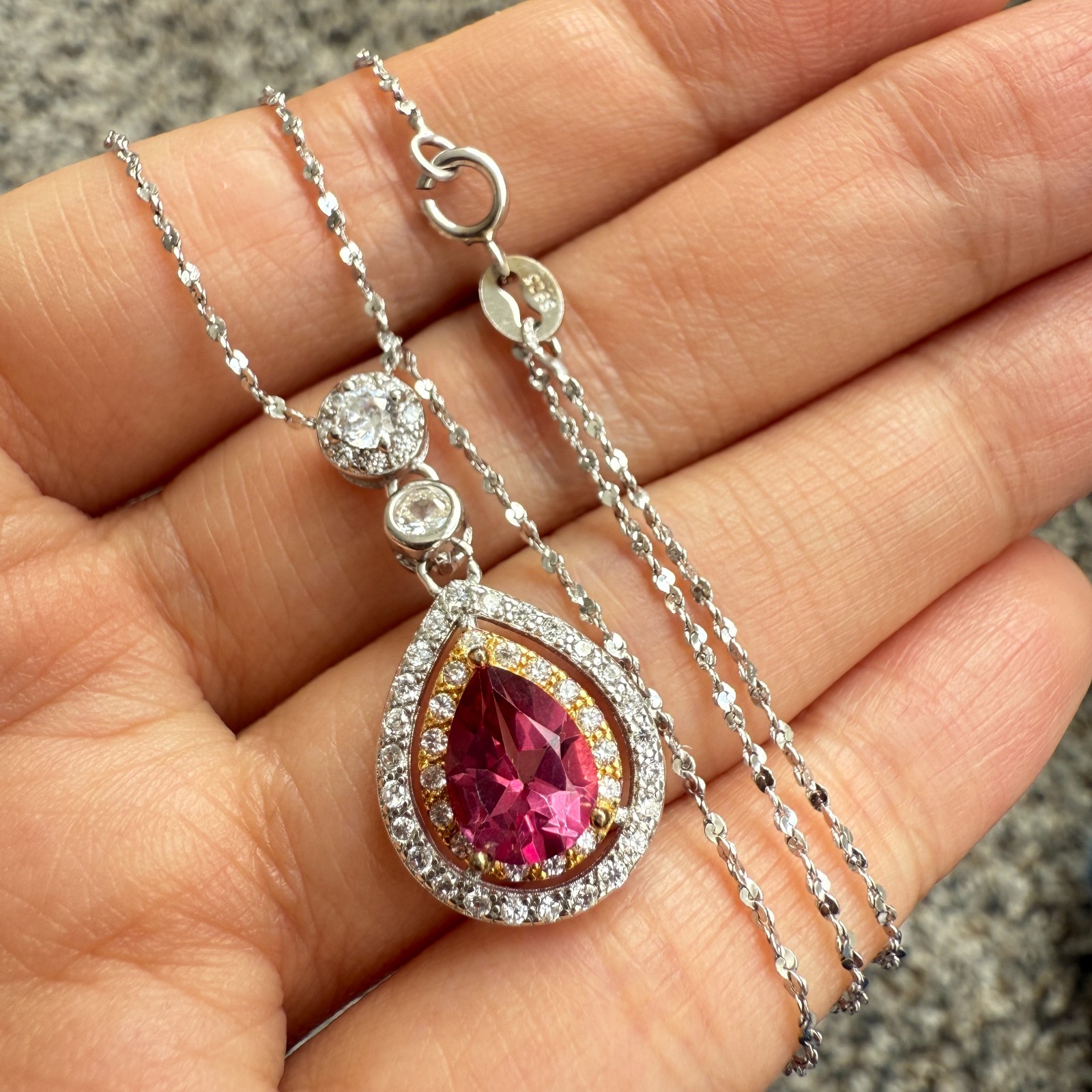 925 Sterling Silver Necklace 8x6mm Natural Pink Topaz Gemstone Zircon Teardrop
