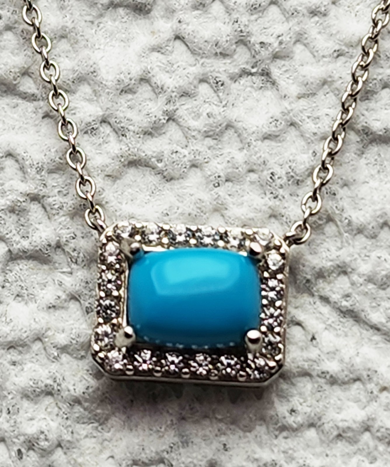 Wonderful Sterling Silver Turquoise Clear Stone Rectangle MLD 18” Necklace