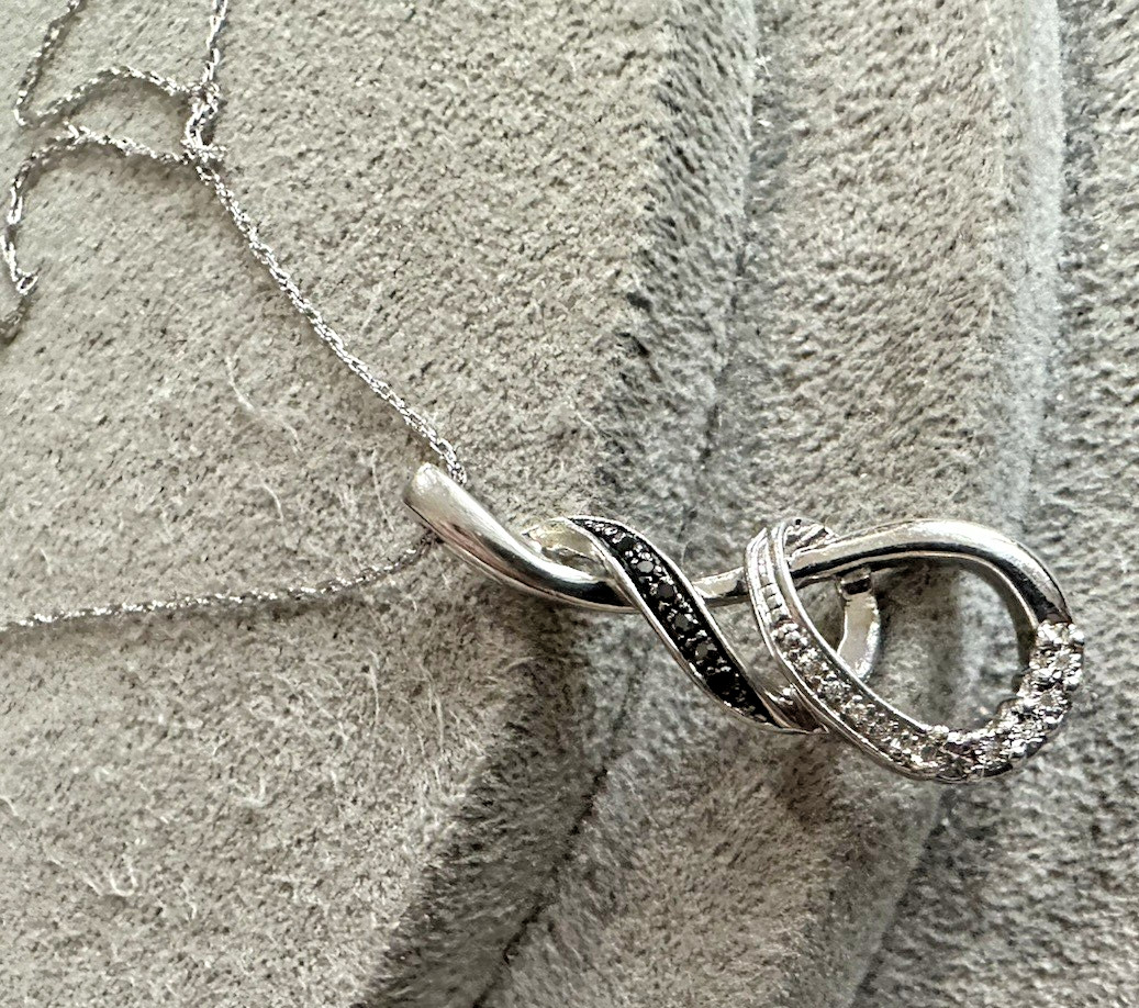 Sterling Silver Black White Diamond Infinity Pendant Necklace 20″