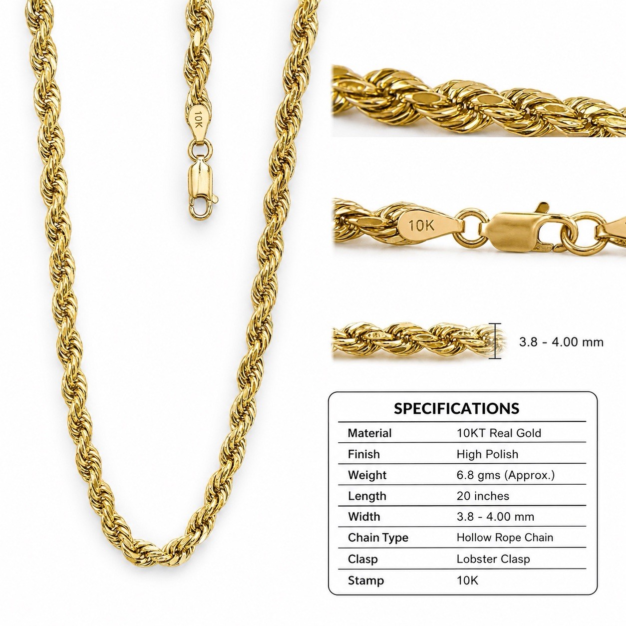 10kt Gold Hollow Rope