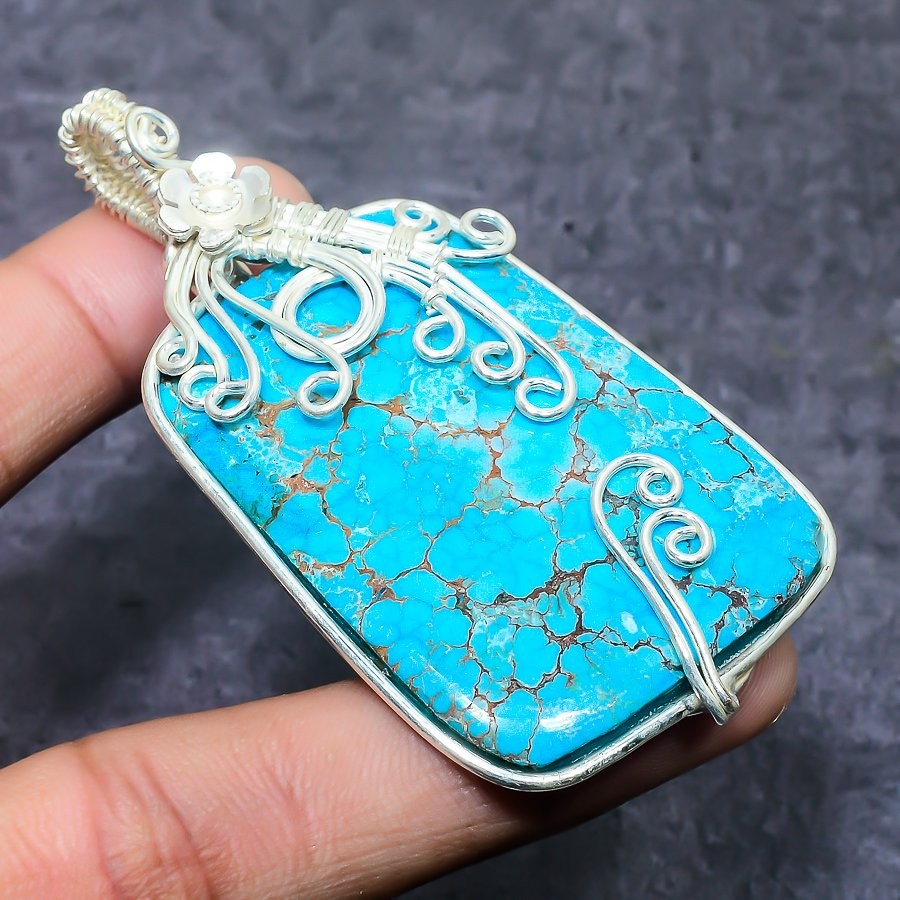 Tibetan Turquoise Gemstone 925 Sterling Silver Jewelry Pendant 2.76″