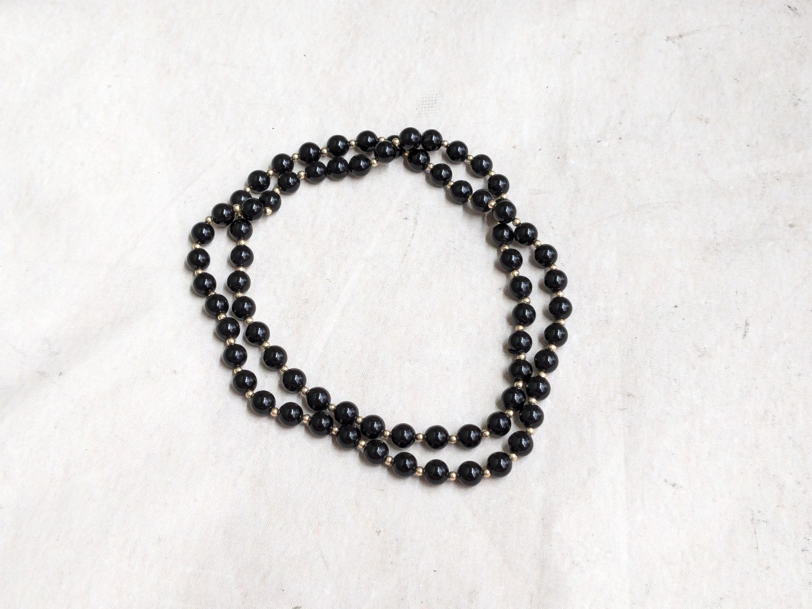 13K Yellow Gold Black Onyx Bead Necklace Round Sphere 30″