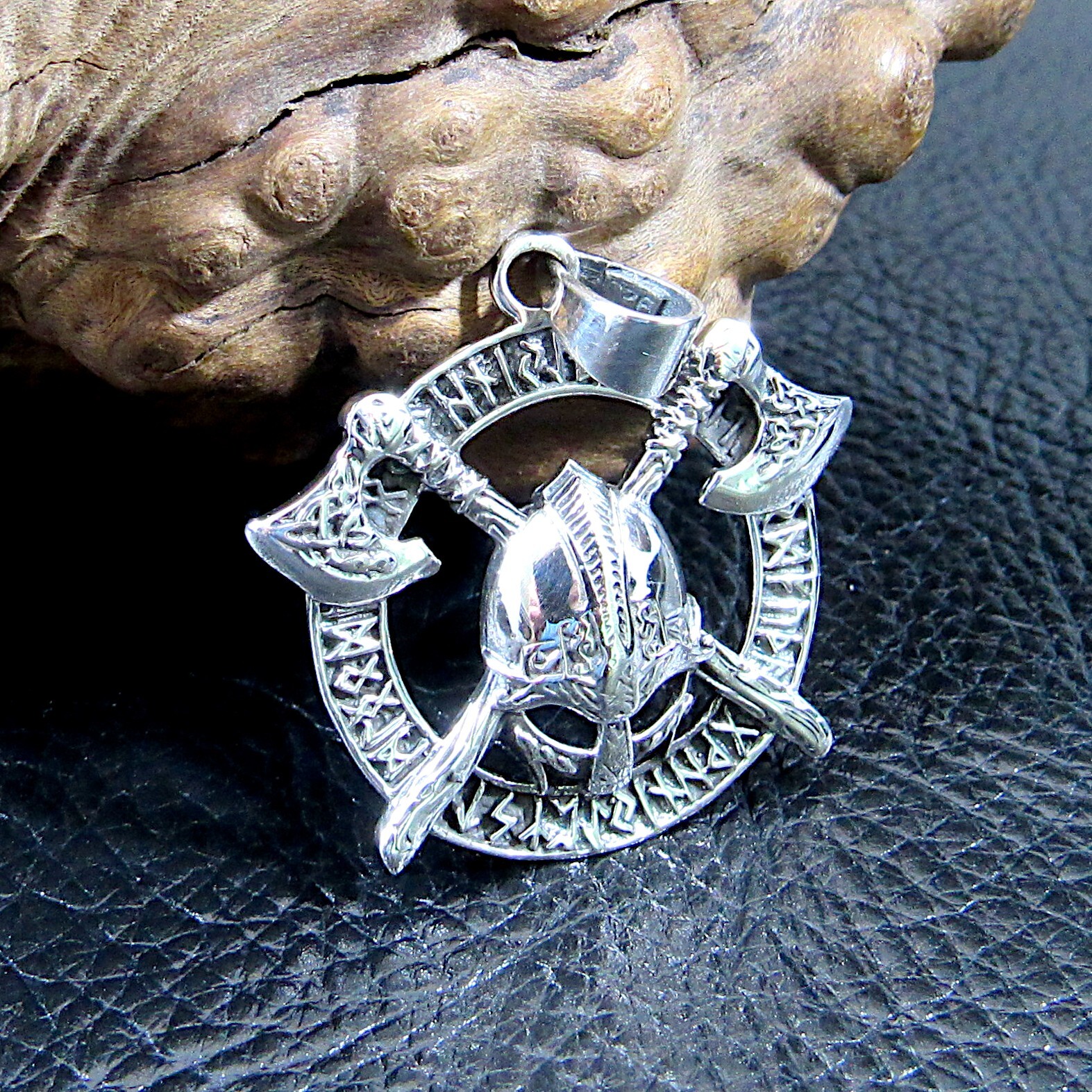 Solid 925 Sterling Silver Viking Helmet & Axes Pendant Jewelry with Norse Runes