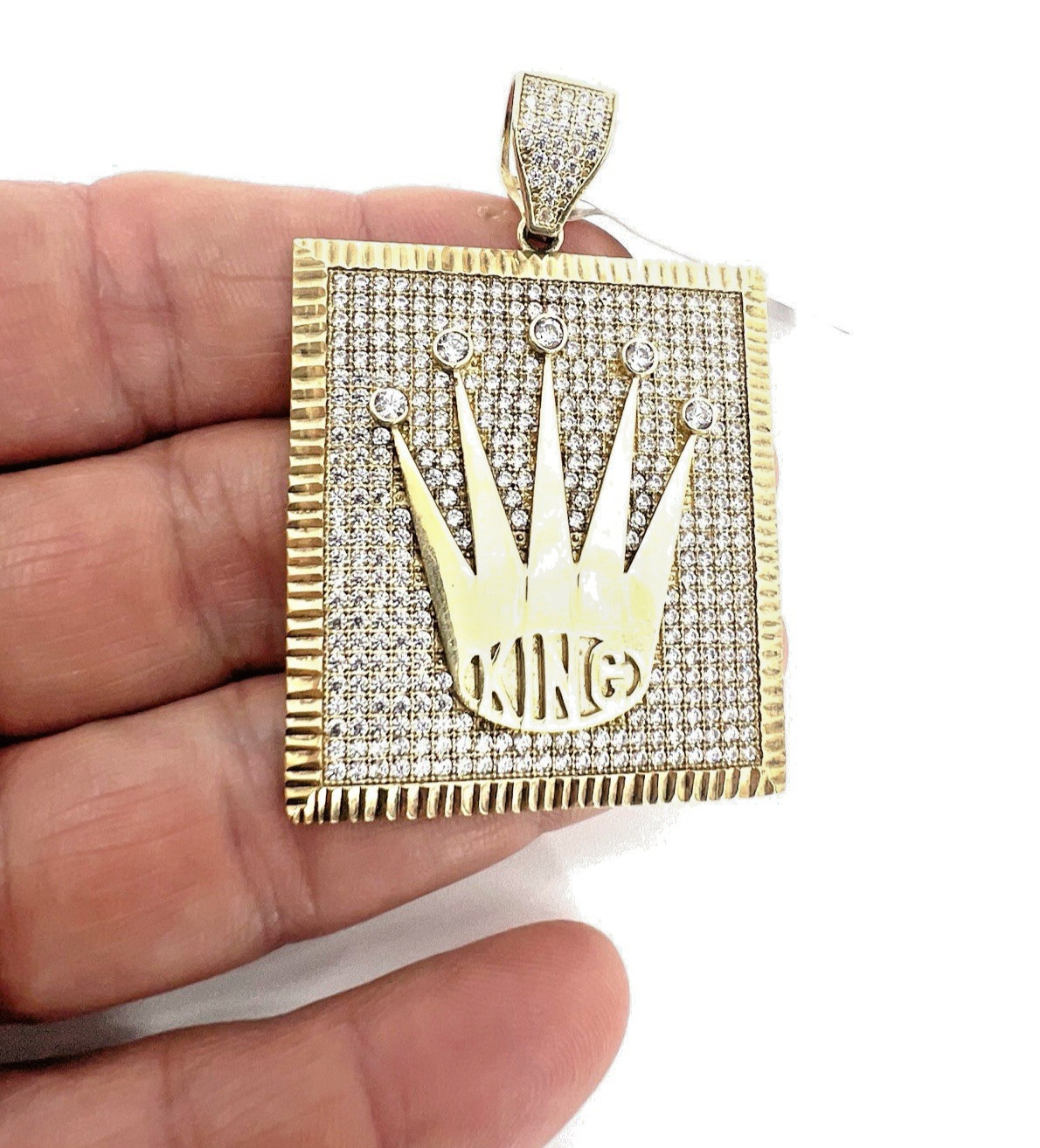 10K Yellow Gold Solid King Crown Pendant CZ Pave Square Frame Heavy Men’s OroAu