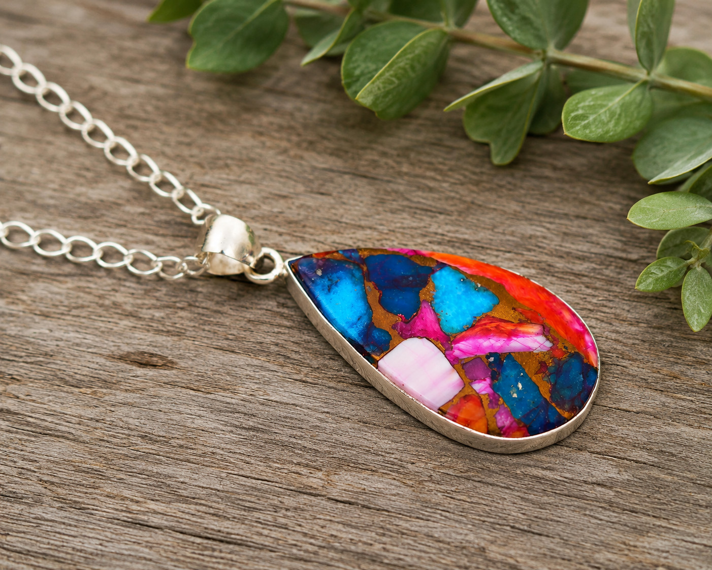 Kingman Spiny Oyster Turquoise Teardrop Pendant Necklace 925 Silver Free Chain