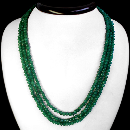 ATTRACTIVE RARE 3 STRAND 318.00 CTS NATURAL FACETED EMERALD BEADS NECKLACE (RS)