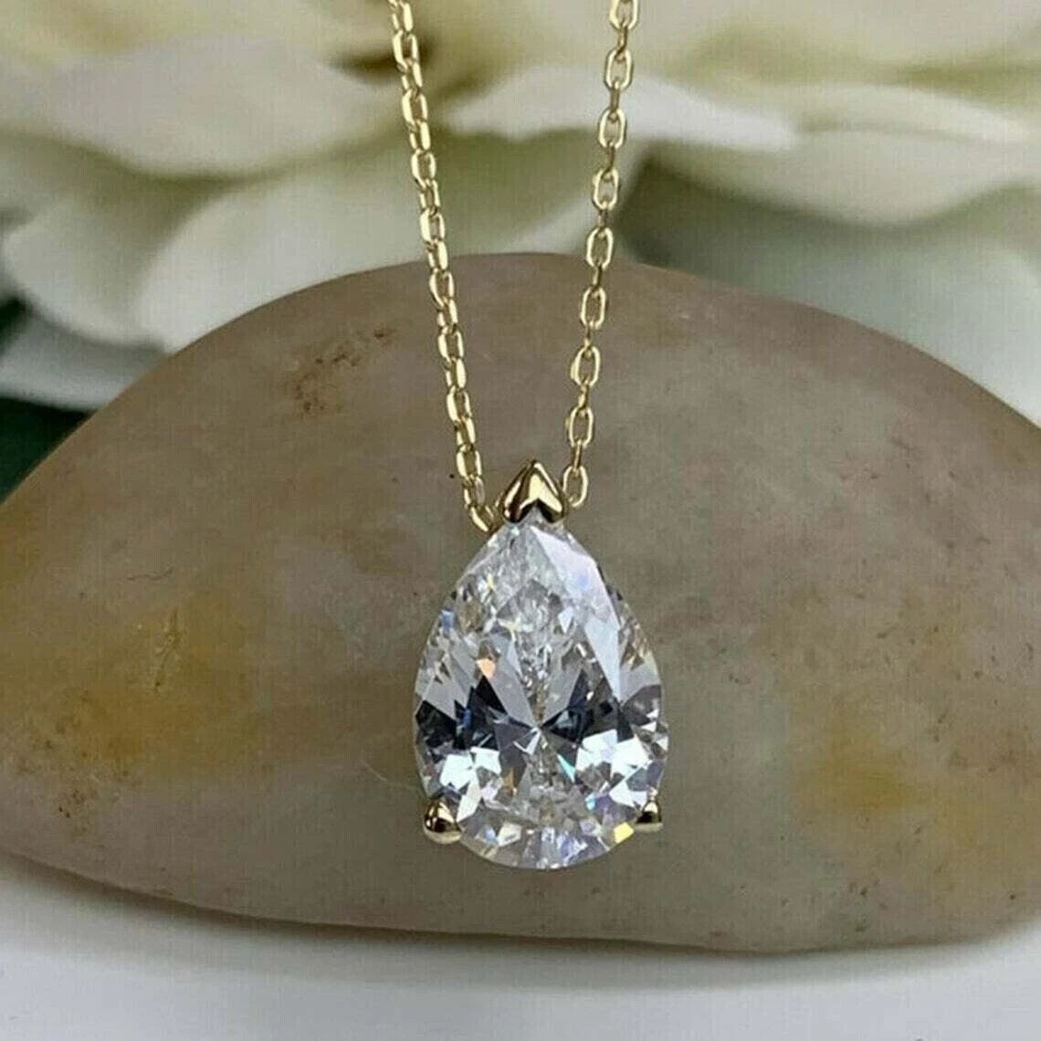 3Ct Pear Cut Certified Moissanite Women’s Pendant Free Chain 14K Gold Plated