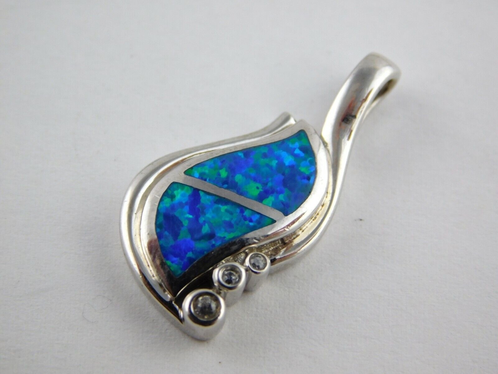 Sterling Silver Lab Created Blue Opal Inlay White CZ Accents Pendant 5g 1 1/8 In