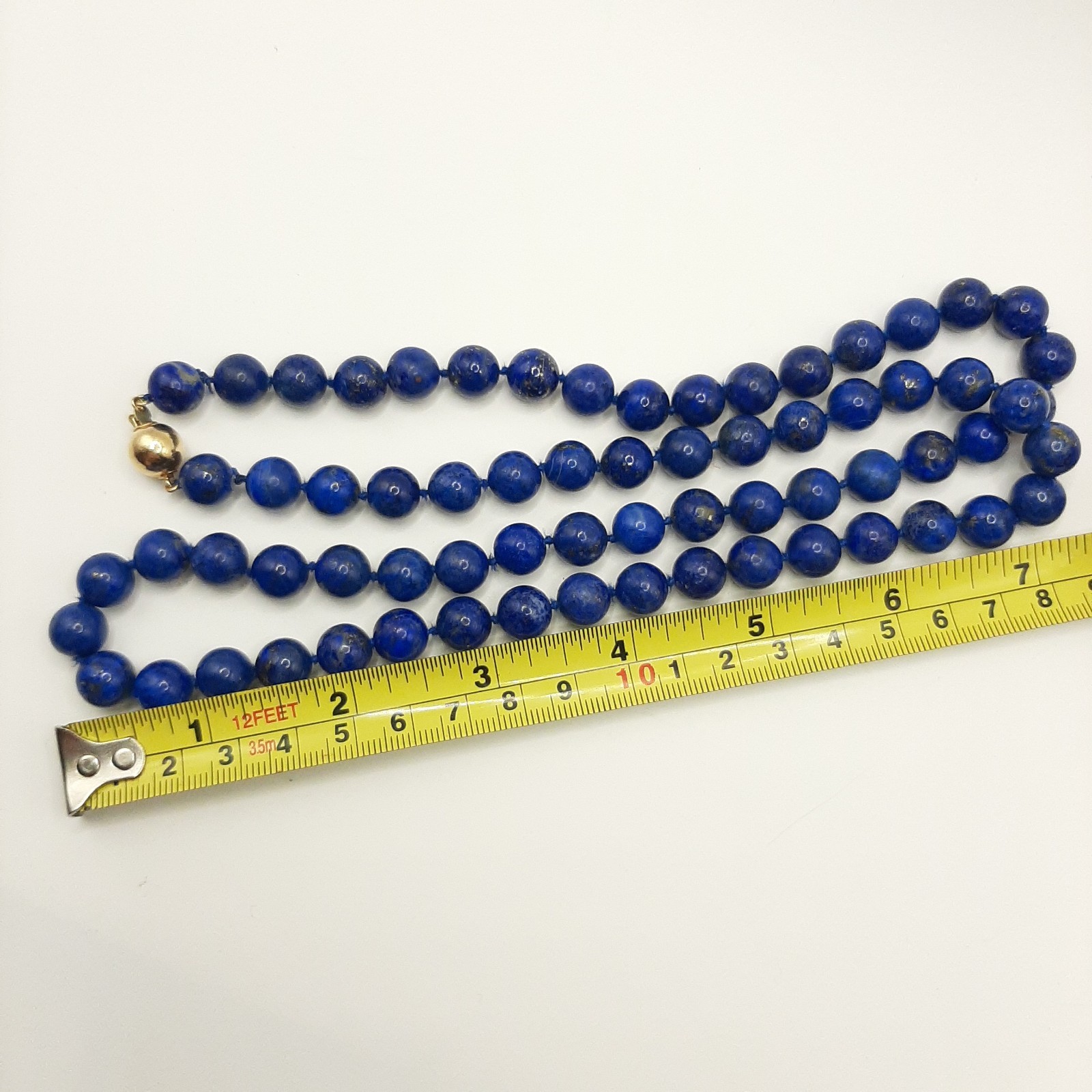 Vintage 30″ Lapis Lazuli Hand-Knotted Necklace 14k Clasp, Deep Blue W/ Pyrite