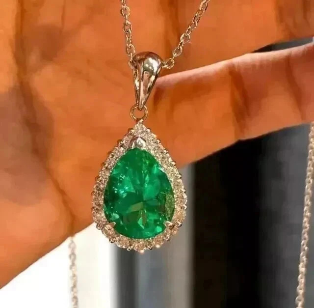 4Ct Pear Cut Lab Created Green Emerald Teardrop Pendant In 14k White Gold Plated