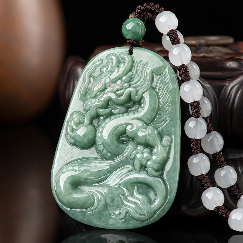 Natural A Grade Jade Women Men Bean Green Dragon Play Bead Jadeite Pendant