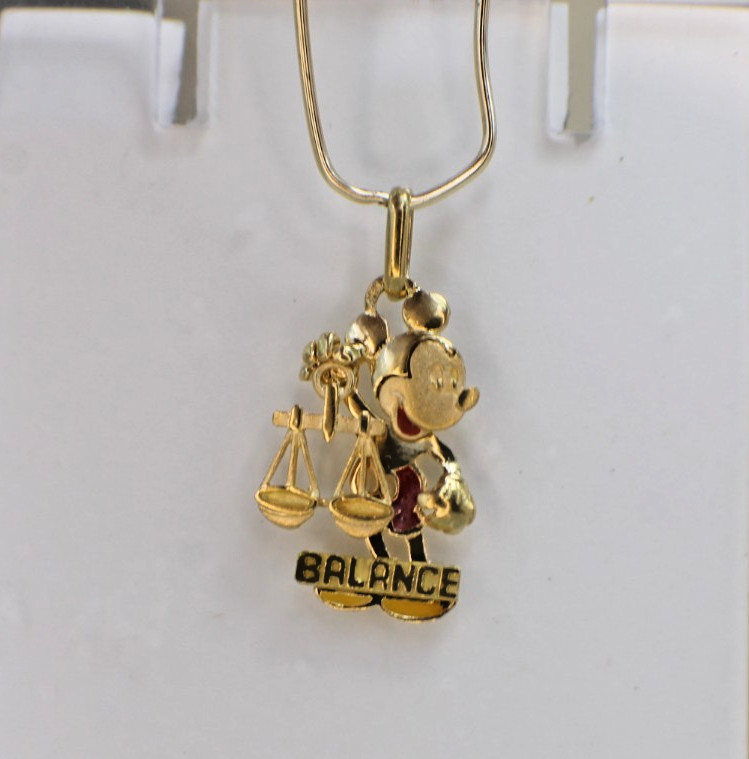 Solid 18K Yellow Gold Disney Micky Mouse Vintage Pendant Libra Travel Balance