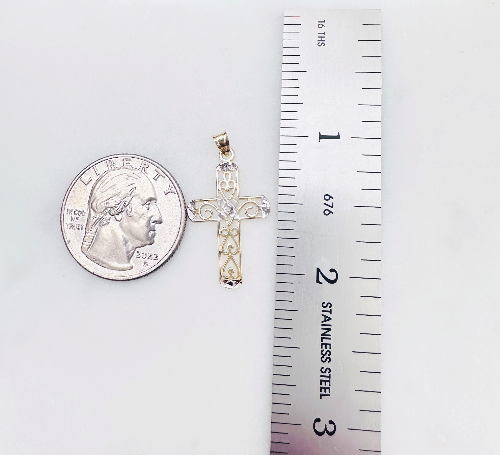 Solid 10K Multi-Tone Gold Filigree Cross Pendant w/White Sapphire Accent, 1.15″