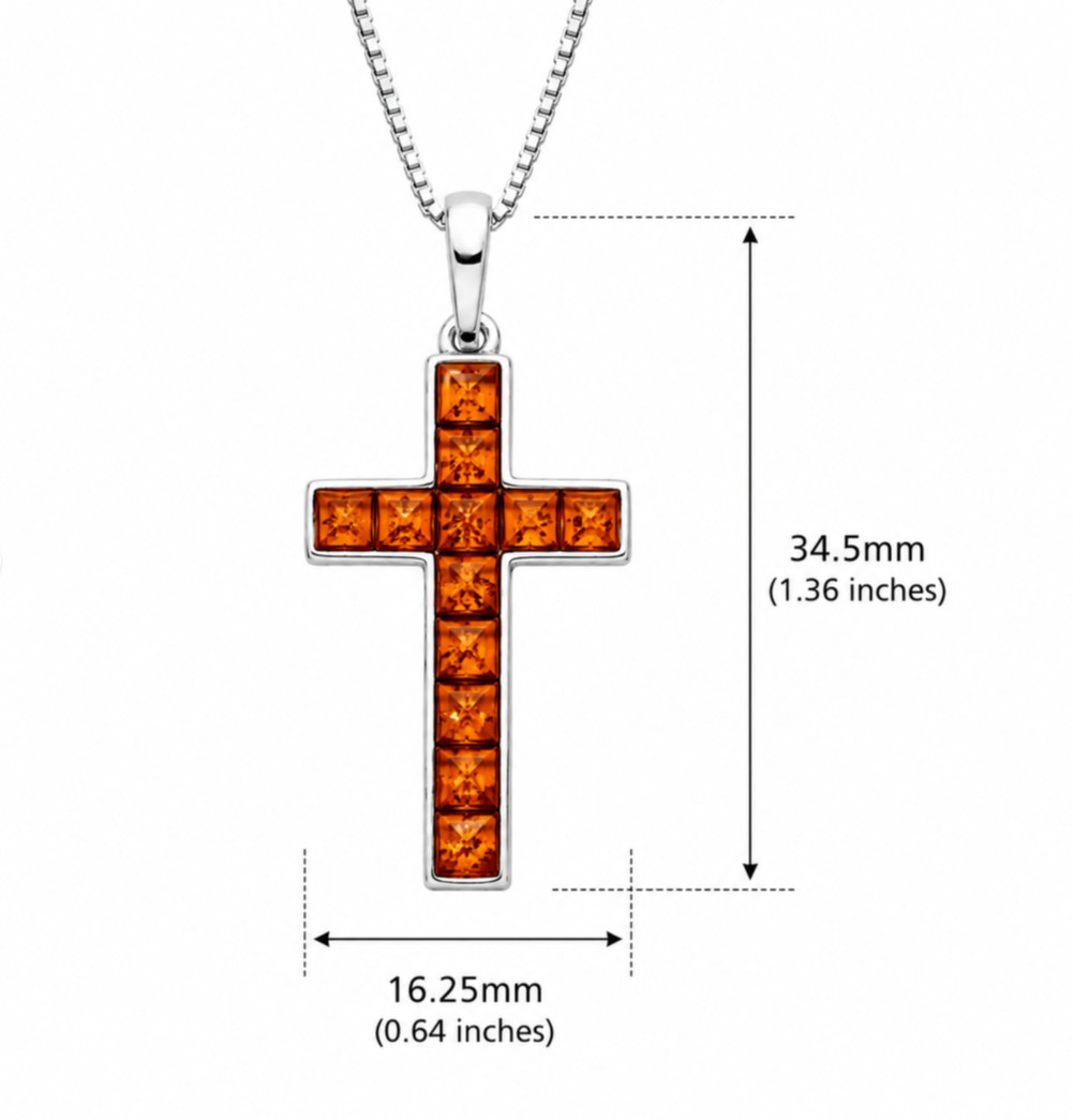 925 Sterling Silver Baltic Amber Cross Necklace Genuine Amber Pendant 16″ – 22″