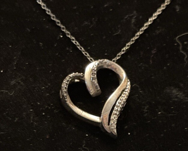 NIB Sterling Silver Real White & Black Diamonds Open Heart Slide Pendant 16” L